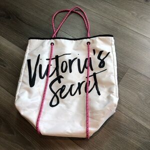 Victorias Secret Large White Tote Bag With Pink Handles And Black Writing